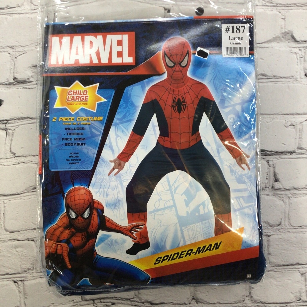 Marvel Spider-Man 2Pc‎ Halloween Costume Childs Size L Bodysuit With Hood